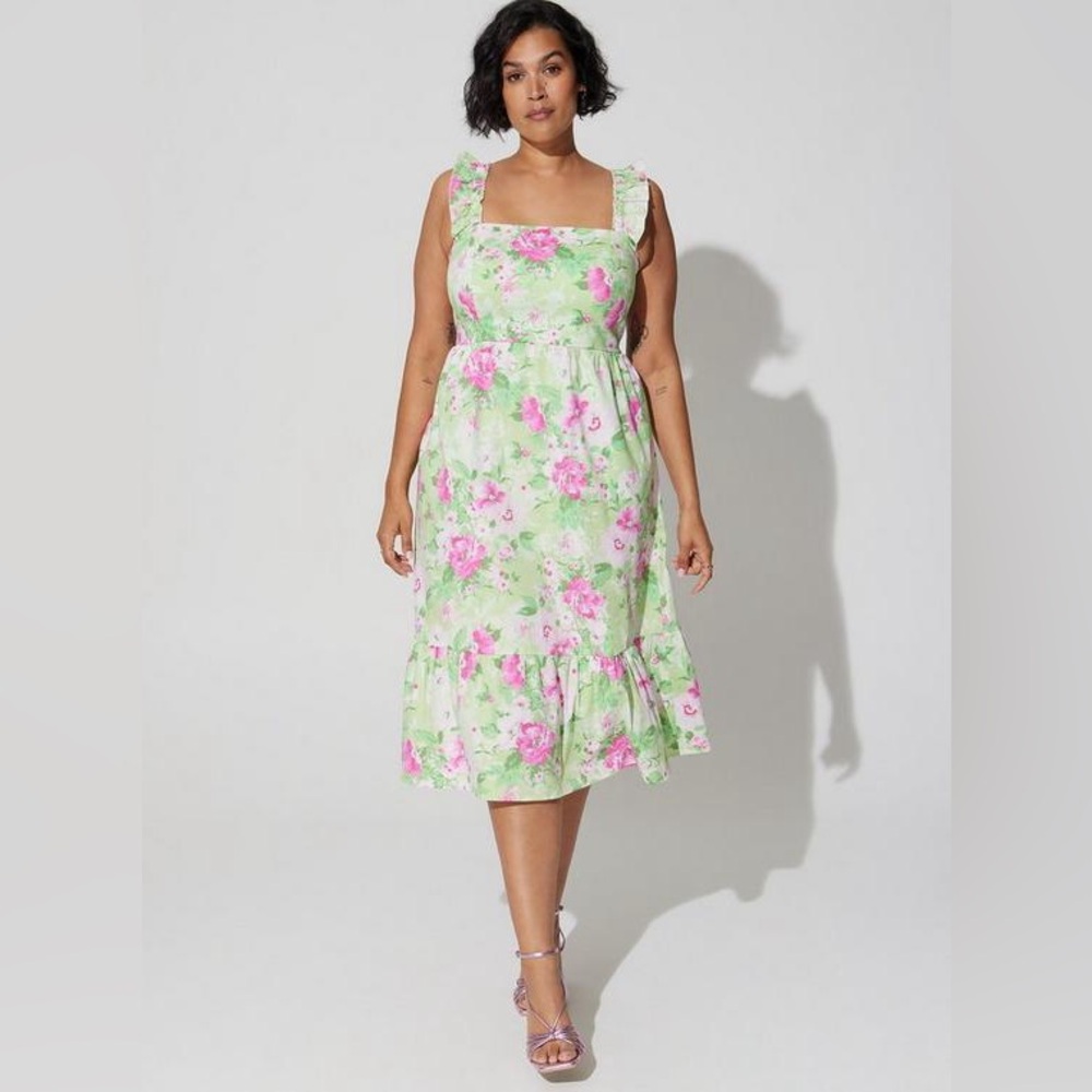 Floral Square-Neck Midi Dress - Pink & Green